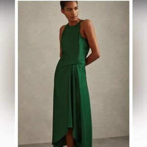 REISS Green Petite Satin Drape Tuck Midi Dress - Size 6 Petite